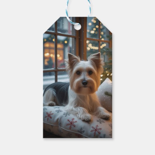 Biewer Terrier met kerstverlichting Vakantie Cadeaulabel (Voorkant)