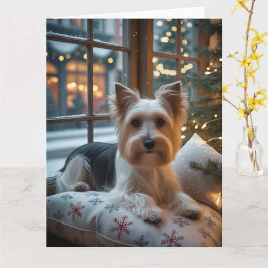 Biewer Terrier met kerstverlichting Vakantie Kaart (Gele Bloem)