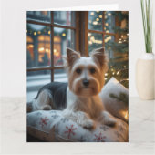 Biewer Terrier met kerstverlichting Vakantie Kaart (Voorkant)