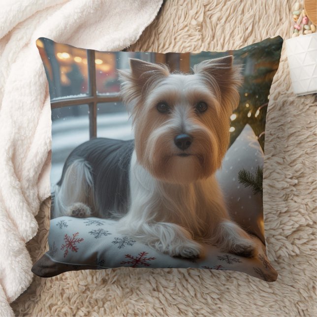 Biewer Terrier met kerstverlichting Vakantie Kussen (Deken)