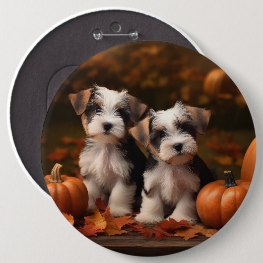 Biewer Terrier Pup Autumn Delight Pumpkin Ronde Button 6,0 Cm (Voorkant /achterkant)