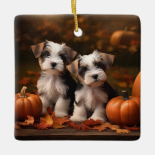 Biewer Terrier Puppy Herfst Delight Pompoen Keramisch Ornament