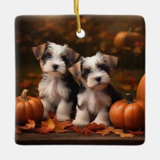 Biewer Terrier Puppy Herfst Delight Pompoen Keramisch Ornament (Voorkant)