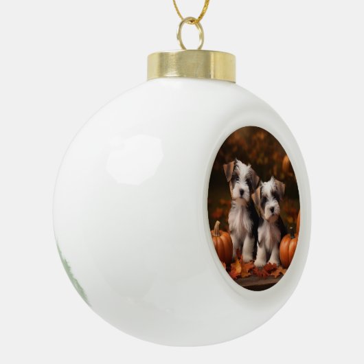 Biewer Terrier Puppy Herfst Delight Pompoen Keramische Bal Ornament (Links)