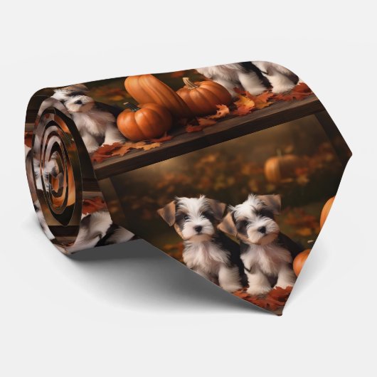 Biewer Terrier Puppy Herfst Delight Pompoen Stropdas (Opgerold)