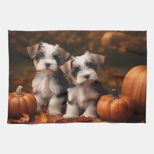 Biewer Terrier Puppy Herfst Delight Pompoen Theedoek (Horizontaal)