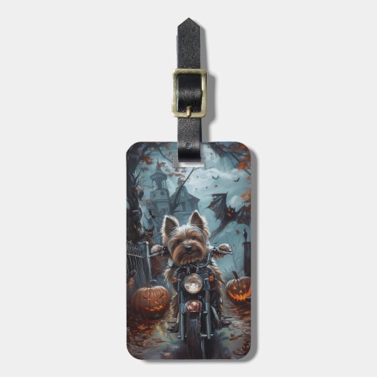 Biewer Terrier Rijden Motorfiets Halloween Eng Bagagelabel (Voorkant verticaal)
