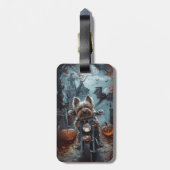 Biewer Terrier Rijden Motorfiets Halloween Eng Bagagelabel (Achterkant verticaal)