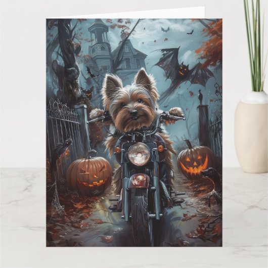 Biewer Terrier Rijden Motorfiets Halloween Eng Kaart (Voorkant)