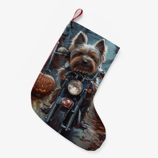 Biewer Terrier Rijden Motorfiets Halloween Eng Kleine Kerstsok (Voorkant (Hangend))