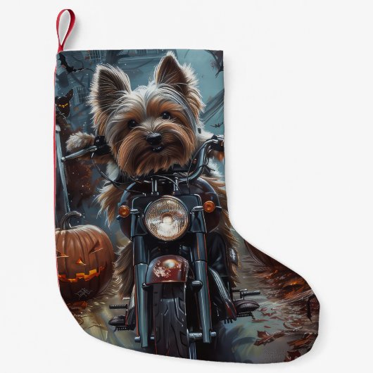 Biewer Terrier Rijden Motorfiets Halloween Eng Kleine Kerstsok (Voorkant)