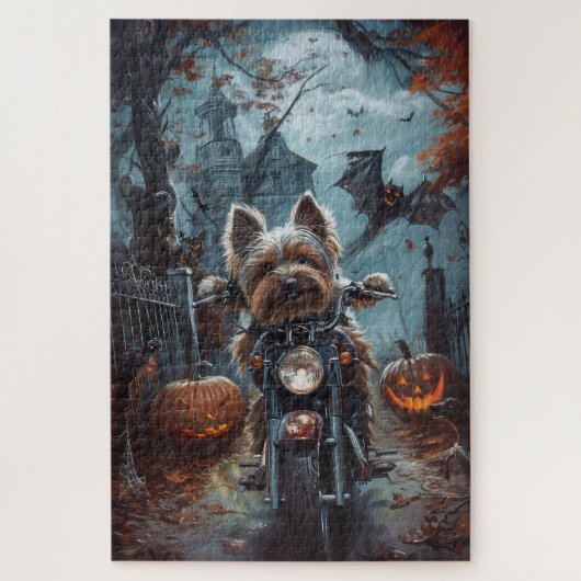 Biewer Terrier Rijden Motorfiets Halloween Eng Legpuzzel (Verticaal)