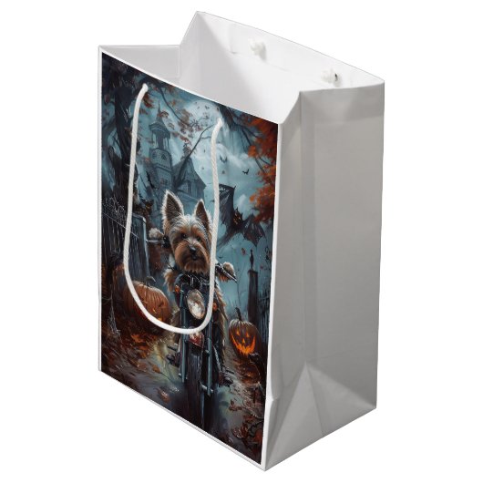 Biewer Terrier Rijden Motorfiets Halloween Eng Medium Cadeauzakje (Voorkant Gekanteld)