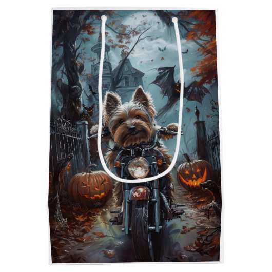 Biewer Terrier Rijden Motorfiets Halloween Eng Medium Cadeauzakje (Achterkant)