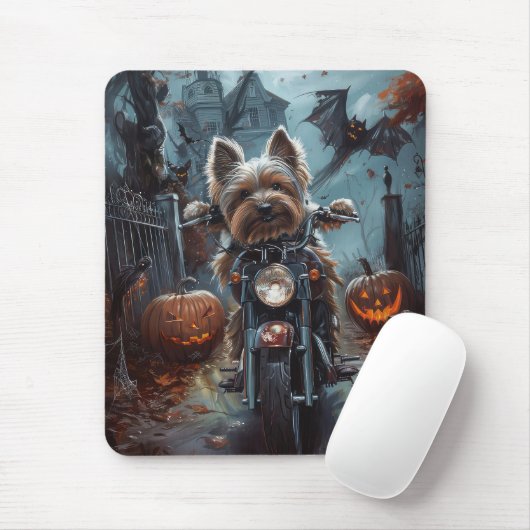 Biewer Terrier Rijden Motorfiets Halloween Eng Muismat (Met muis)
