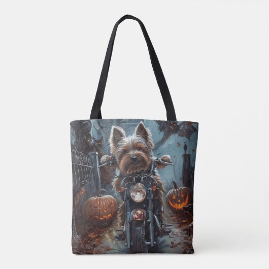 Biewer Terrier Rijden Motorfiets Halloween Eng Tote Bag (Achterkant)