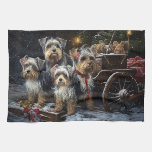 Biewer Terrier Sneeuw Slede Kerst Decoratie Theedoek (Horizontaal)