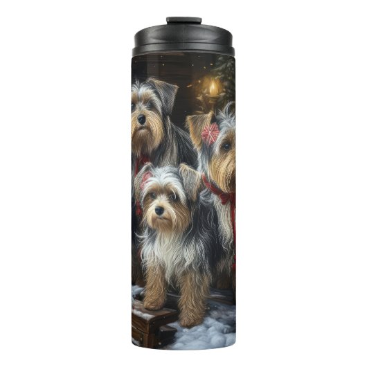 Biewer Terrier Sneeuw Slede Kerst Decoratie Thermosbeker (Voorkant)