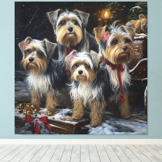 Biewer Terrier Snowy Sleigh Kerst Decor Canvas Afdruk (Insitu (Houten vloer))