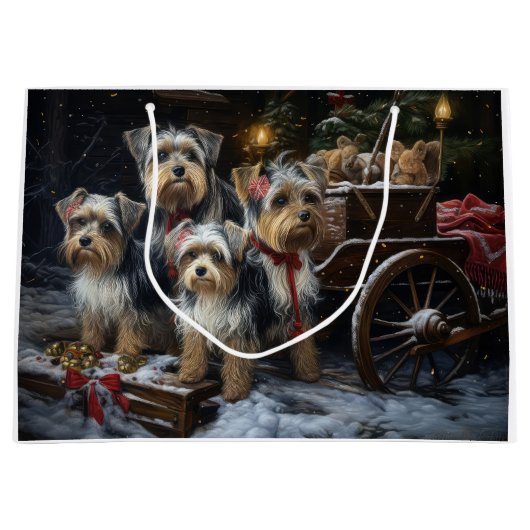 Biewer Terrier Snowy Sleigh Kerst Decor Groot Cadeauzakje (Voorkant)