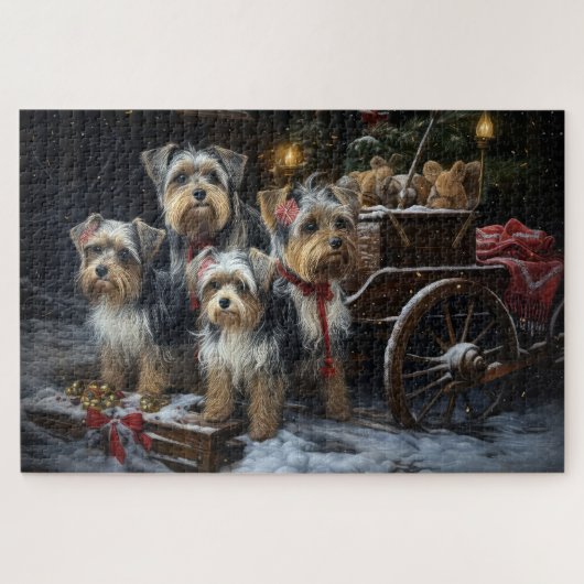 Biewer Terrier Snowy Sleigh Kerst Decor Legpuzzel (Horizontaal)