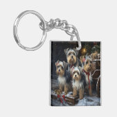 Biewer Terrier Snowy Sleigh Kerst Decor Sleutelhanger (Voorkant Links)