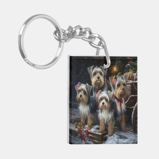 Biewer Terrier Snowy Sleigh Kerst Decor Sleutelhanger (Voorkant Links)