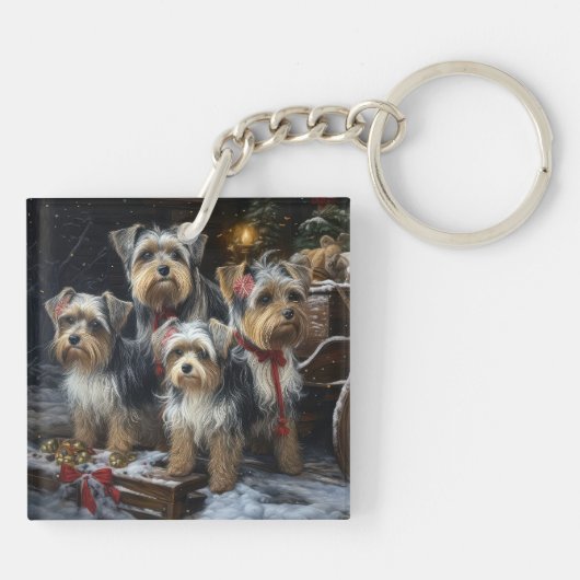 Biewer Terrier Snowy Sleigh Kerst Decor Sleutelhanger (Achterkant)