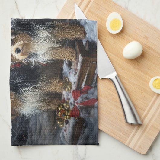 Biewer Terrier Snowy Sleigh Kerst Decor Theedoek (Quarter Fold)