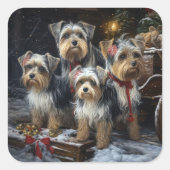Biewer Terrier Snowy Sleigh Kerst Decor Vierkante Sticker (Voorkant)