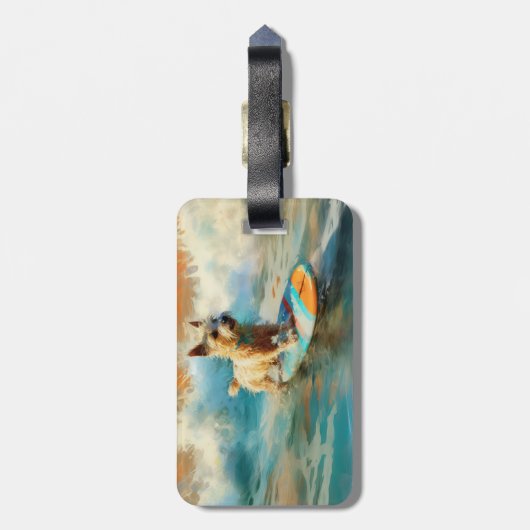 Biewer Terrier Strand Surfen Schilderij Bagagelabel (Achterkant verticaal)