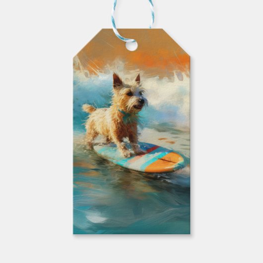 Biewer Terrier Strand Surfen Schilderij Cadeaulabel (Voorkant)