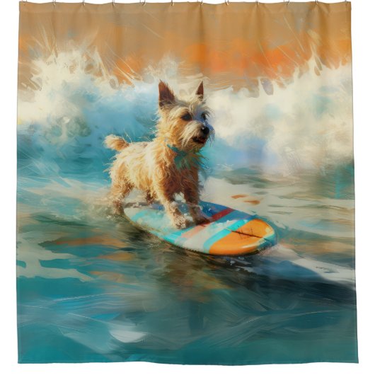 Biewer Terrier Strand Surfen Schilderij Douchegordijn (Voorkant)