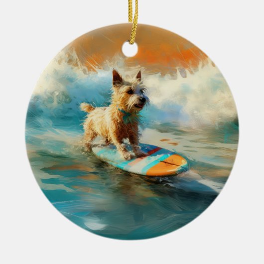 Biewer Terrier Strand Surfen Schilderij Keramisch Ornament (Voorkant)