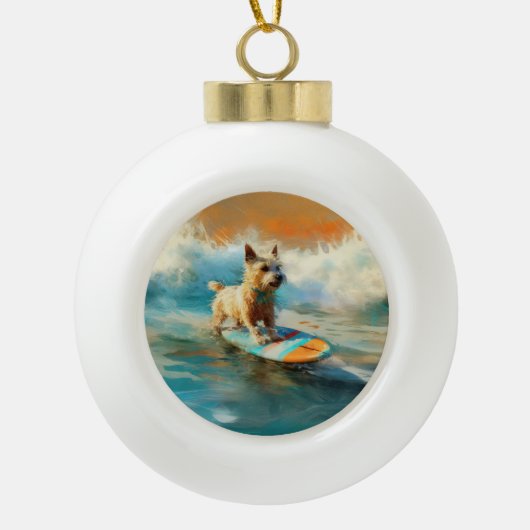 Biewer Terrier Strand Surfen Schilderij Keramische Bal Ornament (Voorkant)