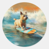 Biewer Terrier Strand Surfen Schilderij Ronde Sticker (Voorkant)