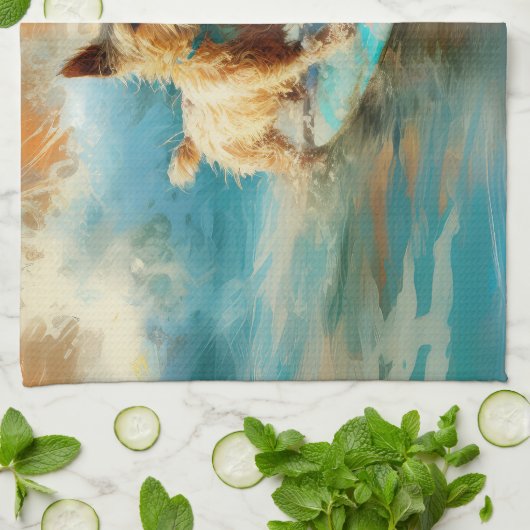 Biewer Terrier Strand Surfen Schilderij Theedoek (Gevouwen)