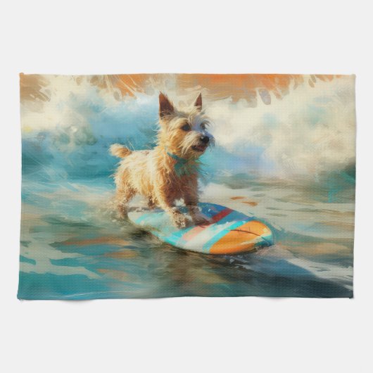 Biewer Terrier Strand Surfen Schilderij Theedoek (Horizontaal)
