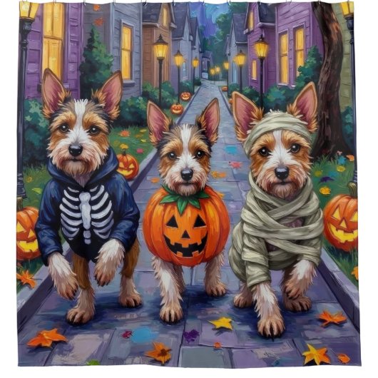 Biewer Terrier Trick-or-Treating Halloween kostuum Douchegordijn (Voorkant)