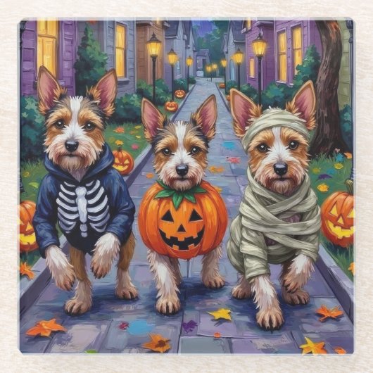 Biewer Terrier Trick-or-Treating Halloween kostuum Glazen Onderzetter (Voorkant)