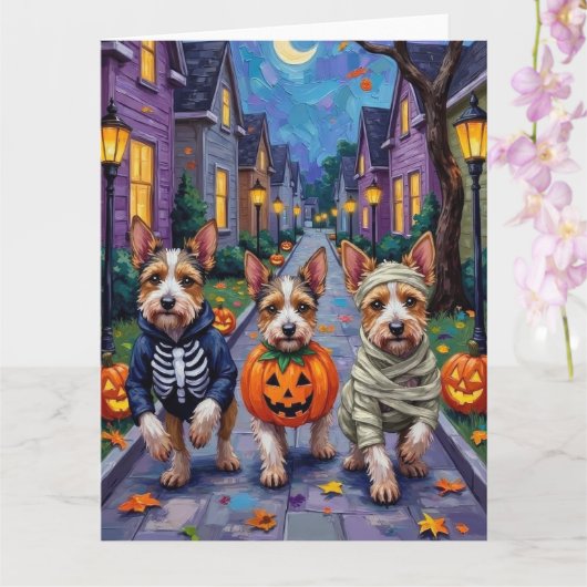 Biewer Terrier Trick-or-Treating Halloween kostuum Kaart (Orchidee)