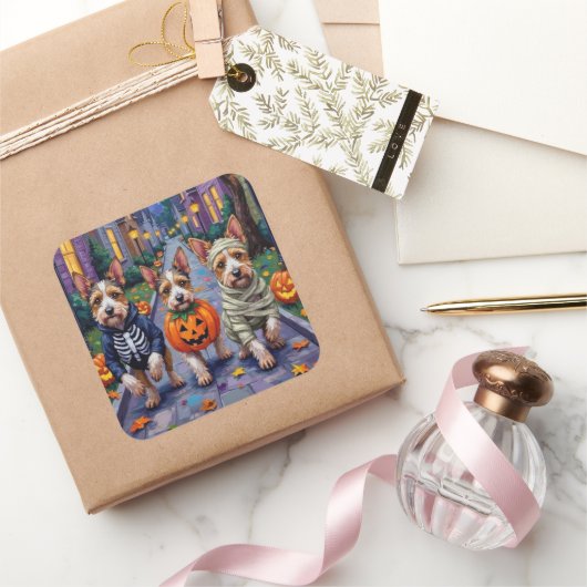 Biewer Terrier Trick-or-Treating Halloween kostuum Vierkante Sticker (Geschenken)