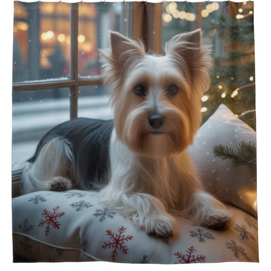 Biewer Terrier With Christmas Lights Holiday Douchegordijn (Voorkant)