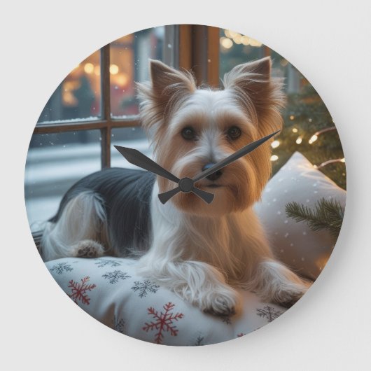 Biewer Terrier With Christmas Lights Holiday Grote Klok (Voorkant)