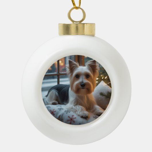 Biewer Terrier With Christmas Lights Holiday Keramische Bal Ornament (Voorkant)