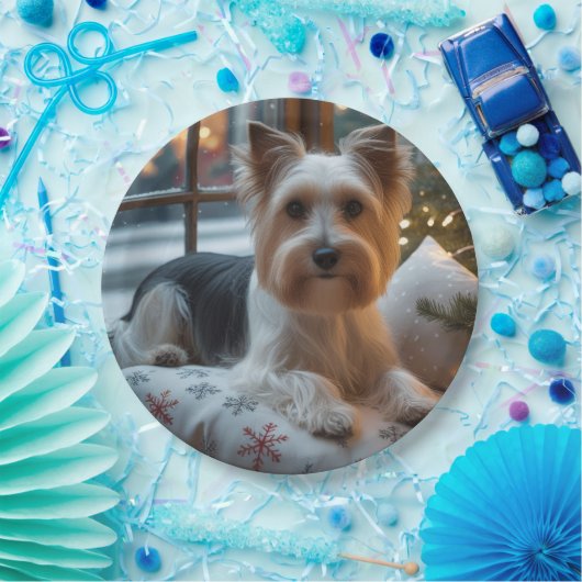 Biewer Terrier With Christmas Lights Holiday Papieren Bordje (Feest)