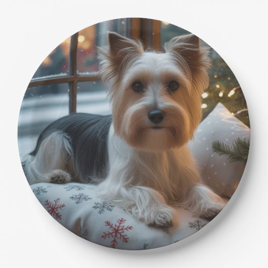 Biewer Terrier With Christmas Lights Holiday Papieren Bordje (Voorkant)