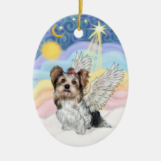 Biewer Yorkie Angel - Wolken #3 Keramisch Ornament (Voorkant)