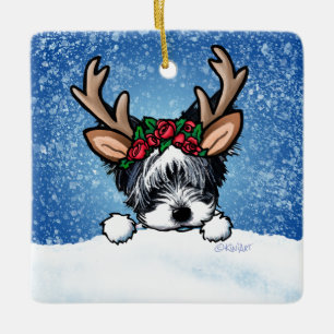 Biewer Yorkie Reindeer Ceramic Ornament. Keramisch Ornament