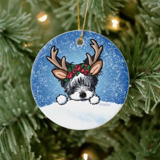 Biewer Yorkie Reindeer Kerstkeramisch Ornament (Boom)